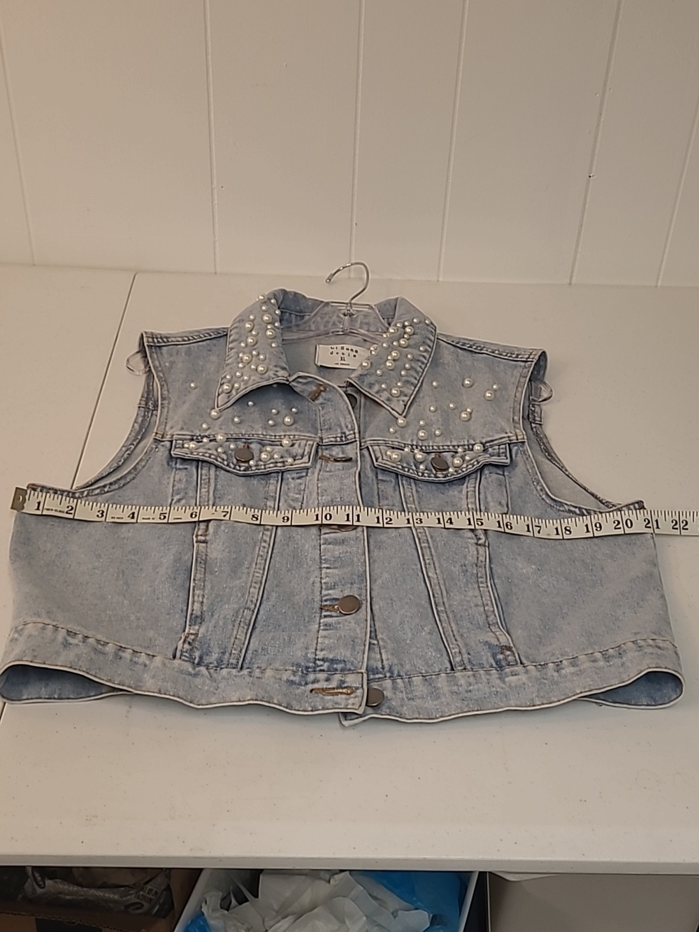 Ci Sono Light Wash Pearl-Studded Denim Vest Sleeveless Four Pocket Sz XL - Picture 7 of 13